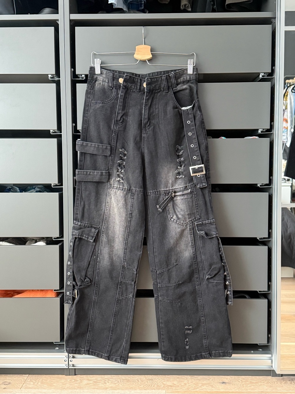Black Wide Leg Cargo Grunge Jeans with Straps